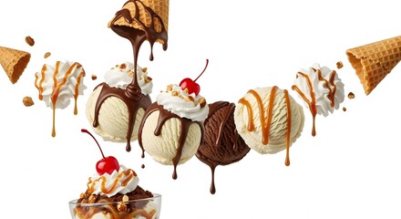 Ice Cream Sundae Ingredients Floating Dessert Food Photography isolated on white background 