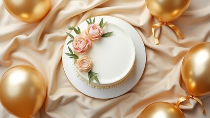 Celebration cake with pink roses and golden balloons birthday party