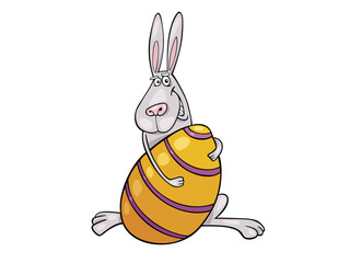 Cute Cartoon Easter Bunny Hugging a Painted Easter Egg