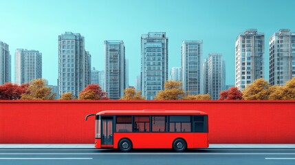 Fototapeta premium Vibrant Red Bus Against Modern Cityscape with Colorful Trees and Buildings
