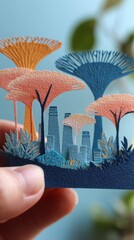 Tranquil Skies of Singapore: Peach and Blue Papercut Cityscape Offering with Precision Gardens - Artistic Papercutting Craft