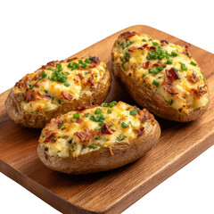 Fototapeta premium Three baked potatoes with cheese and bacon on a wooden board against a black background studio shot
