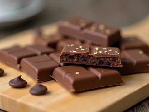Dairy-free chocolate bars on a wooden surface, with various fillings, meal photography