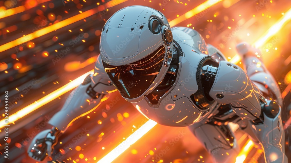 Poster a futuristic robot gliding through a vibrant and fiery background, representing technological advanc