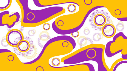 Abstract illustration with vibrant yellow, purple colors featuring dynamic curved shapes and layered dotted circles in a modern artistic. Horizontal abstract background with colorful wave pattern.