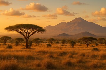 Obraz premium African Savanna Landscape with Majestic Mountain Views in National Wildlife Park During Golden Hour