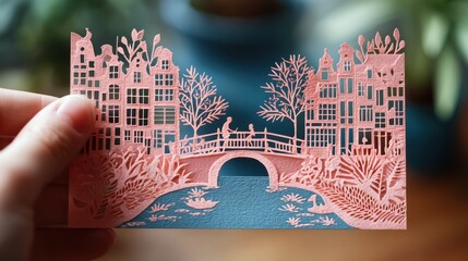 Tranquil Connections: Papercut Amsterdam Cityscape Card in Soft Pastels Representing Creativity and Harmony of Fluid Transitions