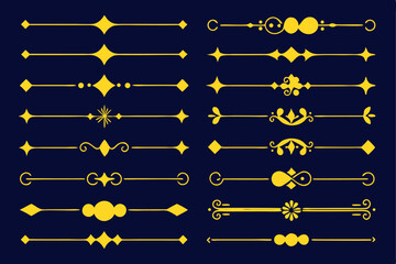 Elegant gold line dividers with various decorative design elements on a dark background.