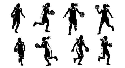 Silhouetted Female Basketball Players in Various Action Poses