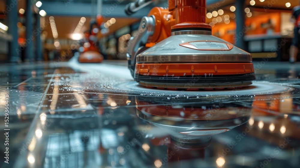 Poster a close-up of a floor cleaning machine at work, showcasing advanced technology as it cleans a shiny 