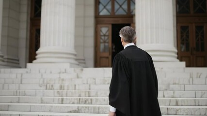 Judge in legal robe walking up courtroom steps solemnly	