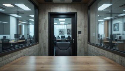 Modern interior office interview room with wooden table and large glass window view