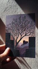 Memories of Resilience - Hand Holding Edinburgh Castle Papercut Art Against Dusky Sky in Charcoal and Violet Tones