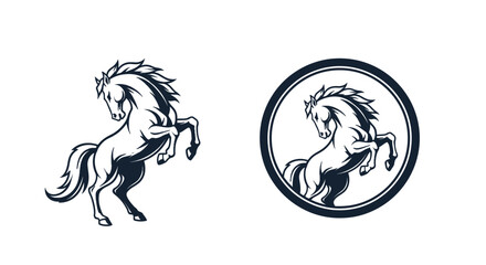 Two rearing horse illustrations, one in a circle frame.