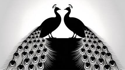 Two peacocks face each other, showcasing their magnificent black and white tails in a elegant silhouette.