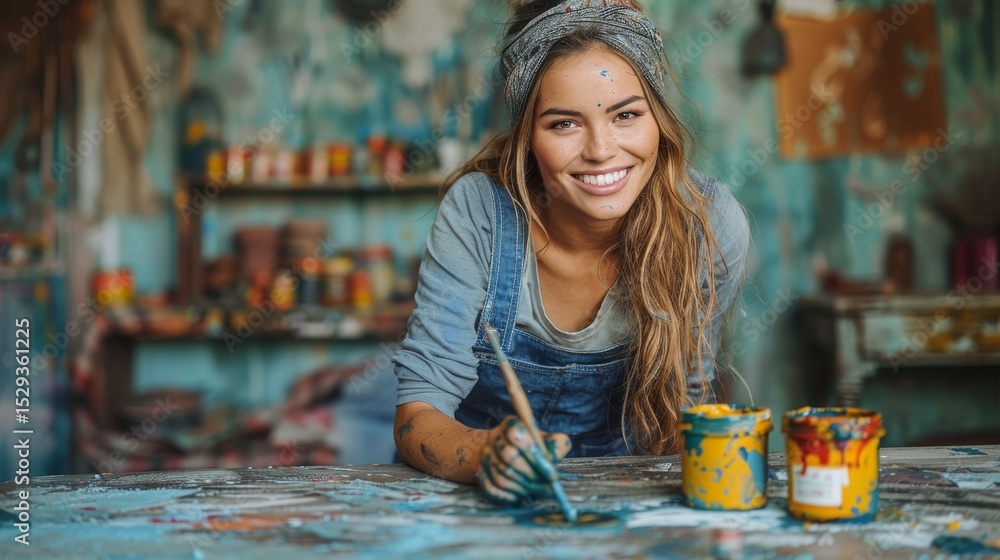 Poster this image features a cheerful artist in a paint-splattered studio, perfectly capturing the joy of c