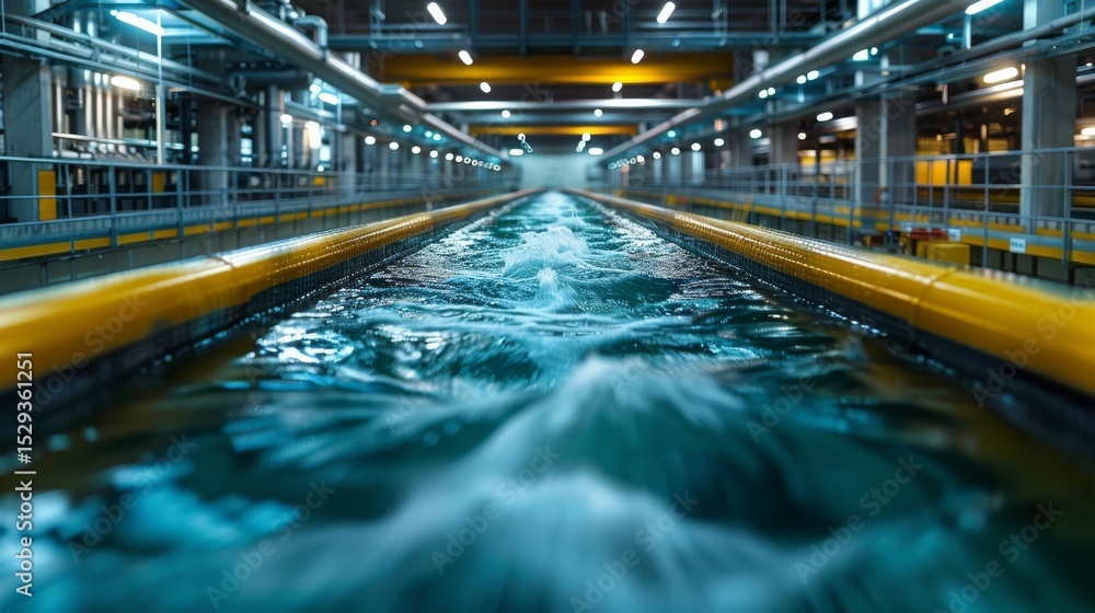Poster a mesmerizing view of flowing water in an industrial setting featuring bright lighting and steel str