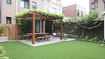 Serene backyard oasis featuring a wooden pergola, lush greenery, and outdoor dining area
