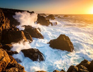 Fototapeta premium Ocean Waves Hitting Rocky Shoreline at Sunset Nature Sea view
