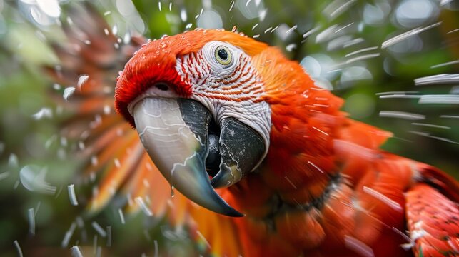 A breathtaking close-up image of a vibrant red parrot showcasing its intricate feathers, captivating expressions, and the essence of wildlife in a natural setting.
