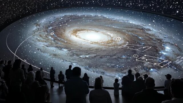 Crowd engages in captivating planetarium space presentation with galactic projections. Big data visualization