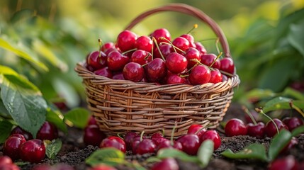 A bountiful basket filled with ripe, luscious cherries showcases nature's bounty, illustrating the beauty of seasonal fruits and the joy of harvest time in vibrant colors.
