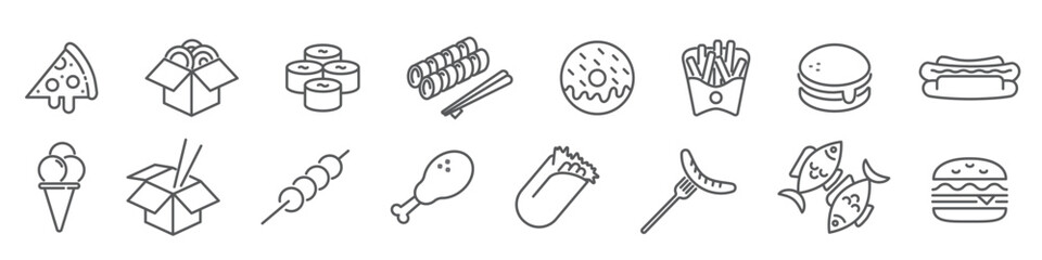 Simple set of fast food vector linear icons isolated on transparent background. Contains icons such as pizza, hot-dog, doughnut, sandwich and more. Editable stroke. 