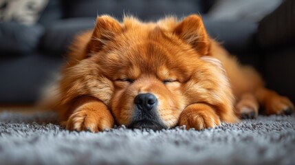 A fluffy Chow Chow dog peacefully sleeps on a soft rug, exuding warmth and comfort while radiating a sense of affection, loyalty, and tranquility in a cozy home environment.