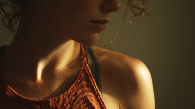 Warm sunlight creates a dramatic play of light and shadow on a woman's neck and shoulder, highlighting the texture of her skin and clothing in a cinematic close up