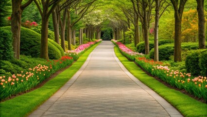 Obraz premium A serene pathway lined with vibrant flowers and lush greenery, creating a peaceful atmosphere for walking or reflection.
