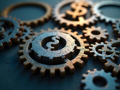 Flat Glossy gears with dollar symbol concept as Close up pan across glossy interlocking gears A dollar symbol appears in the center representing financial mechanisms Camera zooms Square Square