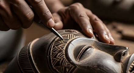 Artisan Carving Wooden Mask Showing Detailed Craftsmanship with Brown Tones and Close Up Focus