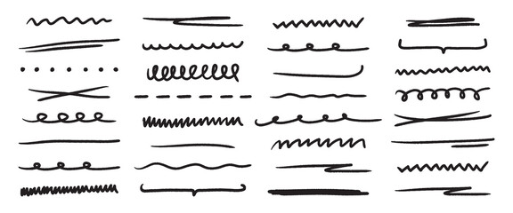 Hand drawn line brush doodle elements. Scribble pencil pen marker sketch vector texture. Handwritten grunge strokes, shapes and emphasis for design. Vector illustration.