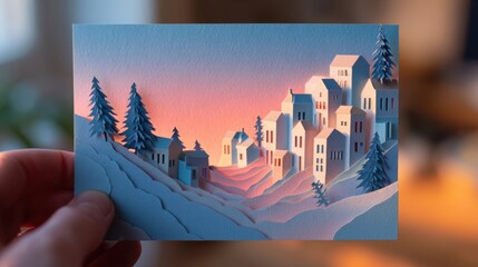 Tranquil Snowy Village Papercut Art - Serene Handheld Scene of Solitude and Change with Pastel Sky Background