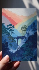 Tranquil Journey: Hand holding papercut card with cliffside train in misty pastel hills, blending speed and reflection