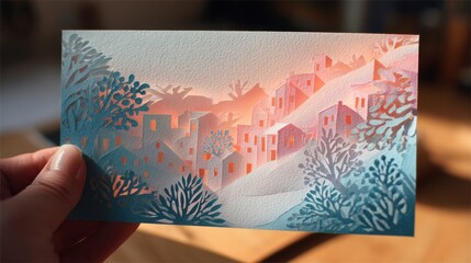 Tranquil Winter Village Papercut Held in Hand - Solitude and Silent Change in Pastel Sky Scene