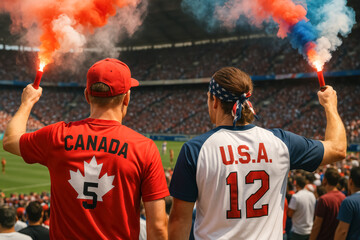 Canada and USA fans cheer with flares at soccer match

