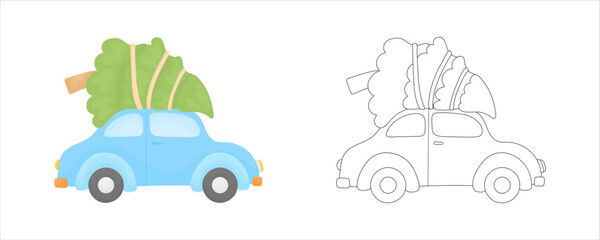 New Year coloring page for children with a car carrying a Christmas tree.
