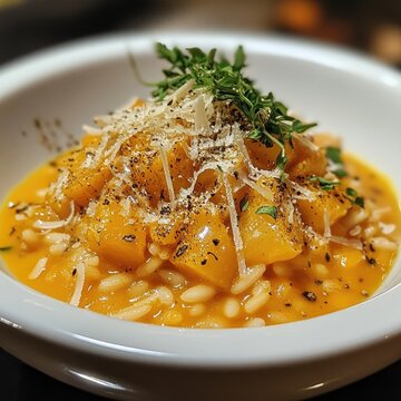Creamy pumpkin risotto in white bowl.  Fresh herbs, parmesan cheese, and pepper atop