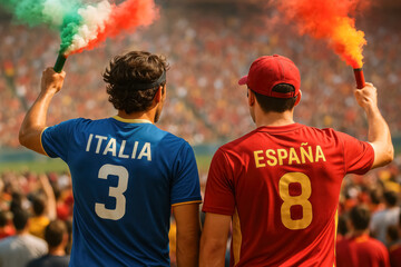 Italy and Spain fans with flares in vibrant celebration

