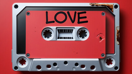 Vintage red cassette tape with handwritten love message against a red background
