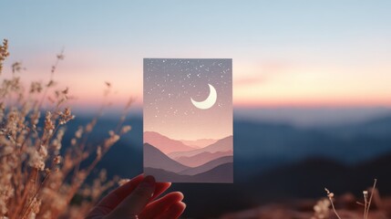 Serene Night: Crescent Moon over Desert Mountains with Papercutting Card Art and Twinkling Stars in Pink Sky