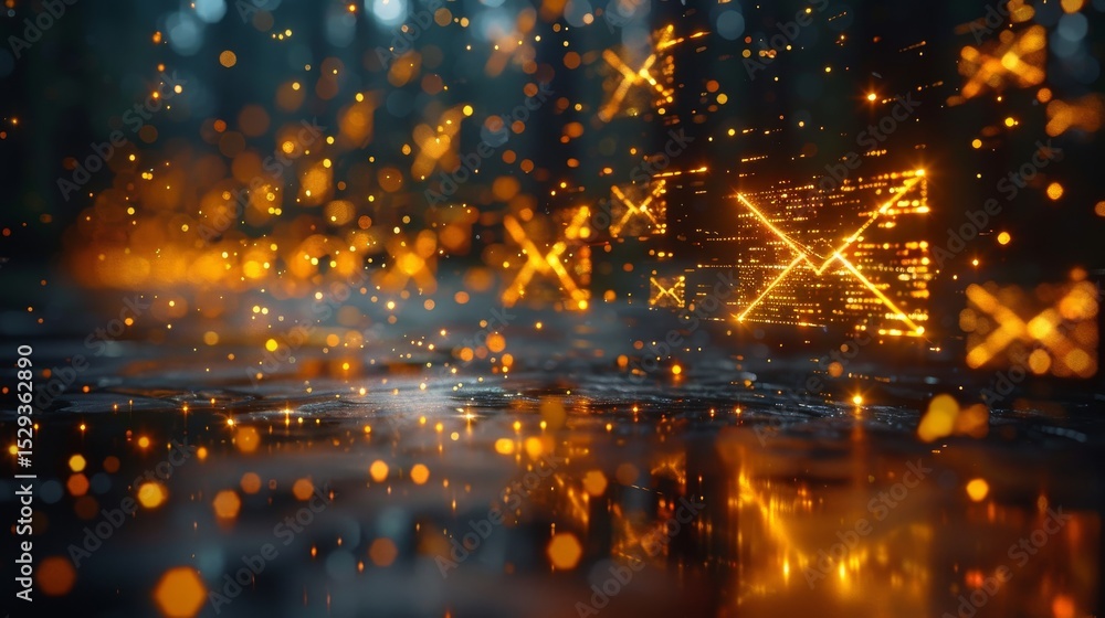 Poster an abstract composition of glowing particles and luminous elements creating a futuristic atmosphere,