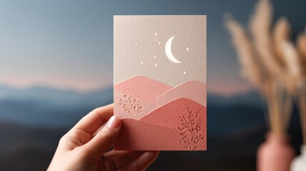 Serene Desert Night - Papercutting Art of Crescent Moon, Mountains, and Reflection on Card