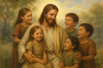 Obraz premium Jesus Christ Teaching and Blessing Children with Love and Compassion Religious Spiritual Illustration