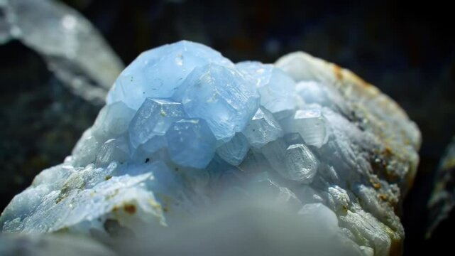 A close up shot of a light blue celestite crystal cluster with visible crystalline structures