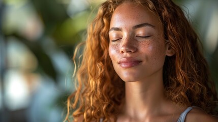Fototapeta premium A peaceful young woman with curly hair and freckles enjoys a moment of serenity, closing her eyes amidst lush greenery, capturing the essence of calmness and inner beauty.