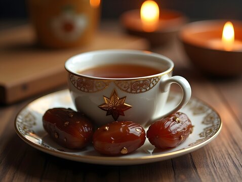 a cup tea and dates on plate for ramadan iftar style professional advertising food photography