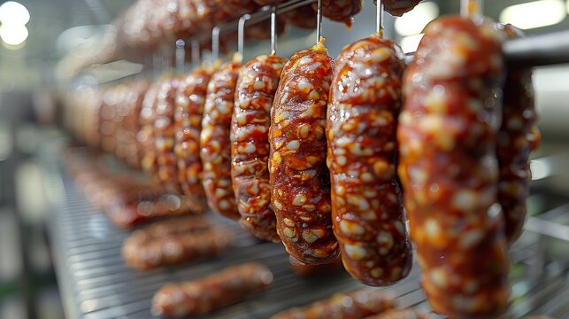 An enticing display of various sausages hanging in a butcher shop, highlighting the craftsmanship and variety of meats available in traditional food markets.