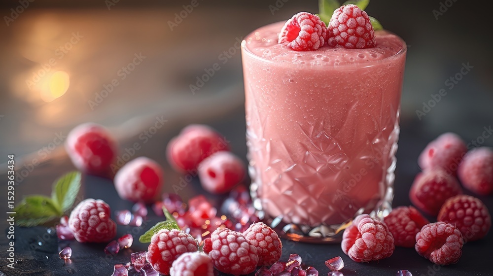 Poster a refreshing raspberry smoothie topped with berries and mint, beautifully styled, showcasing a blend
